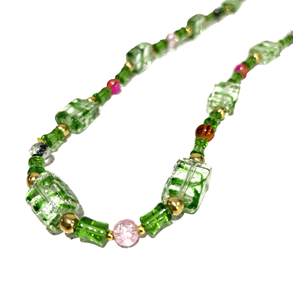 Venetian Glass Beaded Necklace Pinks Greens Gold Ribbon Candy Beads Single Loop